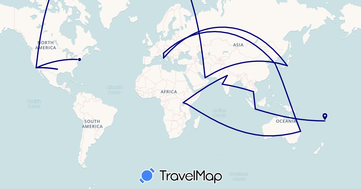 TravelMap itinerary: driving in United Arab Emirates, Australia, Fiji, Indonesia, India, Italy, Japan, Kenya, Cambodia, South Korea, Uganda, United States (Africa, Asia, Europe, North America, Oceania)
